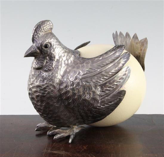 Gabriella Binazzi, Italian. An ostrich egg and silver plated chicken, 6.5in.